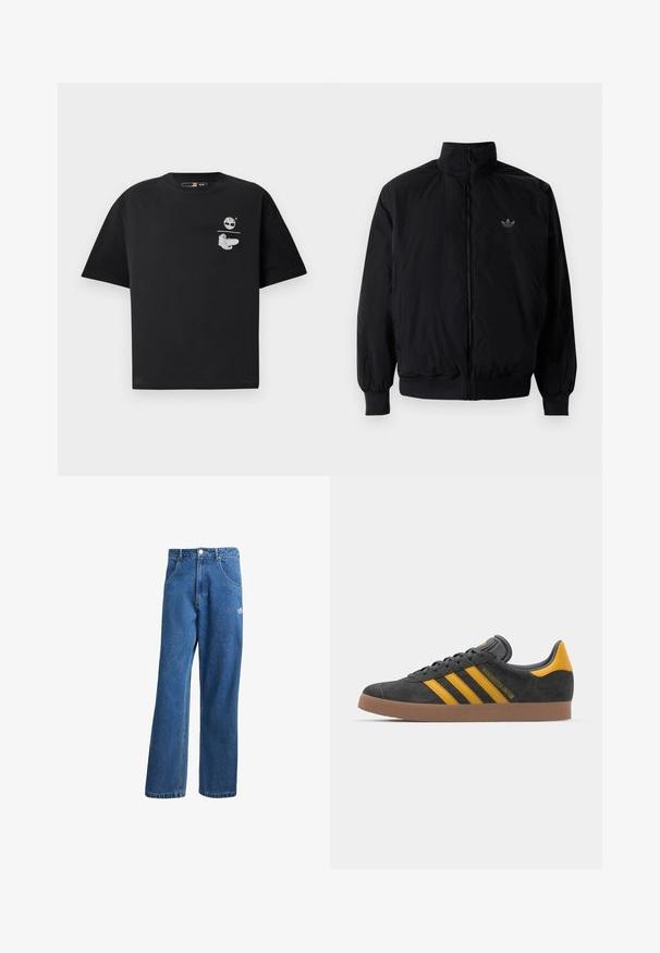 Crna jakna na zip s visokim ovratnikom, izrađena od laganog materijala. Ima elastične manžete i pojas, s malim logotipom na gornjem lijevom dijelu.; Crna pamučna majica s kratkim rukavima, s bijelim logotipom i grafičkim dizajnom na prsima. Jednostavan, opušteni kroj.; Plave farmerke visokog struka sa širokim nogavicama, prednjim džepovima, petljama za remen, zatvaranjem na dugme i malim Adidas logotipom na desnom bedrima.; Crne nubuk tenisice s žutim detaljima, sa tri pruge i smešnim gumenim potplatom. Imaju jastučić na jeziku za udobnost.