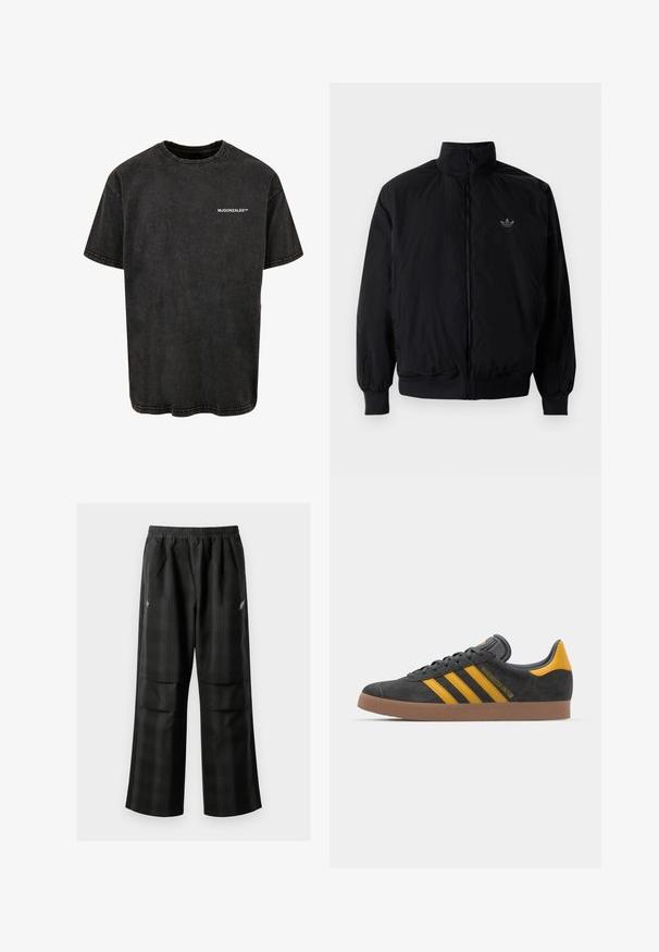 Chaqueta negra con cremallera y cuello alto, hecha de material ligero. Cuenta con puños y cinturilla elásticos, y un pequeño logo en la parte superior izquierda.; Camiseta de algodón negra con cuello redondo, mangas cortas y un aspecto vintage, que presenta un logo blanco impreso en la parte delantera.; Pantalones de cuadros negros con cintura elástica, dos bolsillos frontales y un ajuste holgado con diseño de pierna recta. Fabricados en material ligero.; Zapatillas de ante negro con acentos amarillos, que presentan tres franjas y una suela de goma marrón. Incluyen una lengüeta acolchada para mayor comodidad.