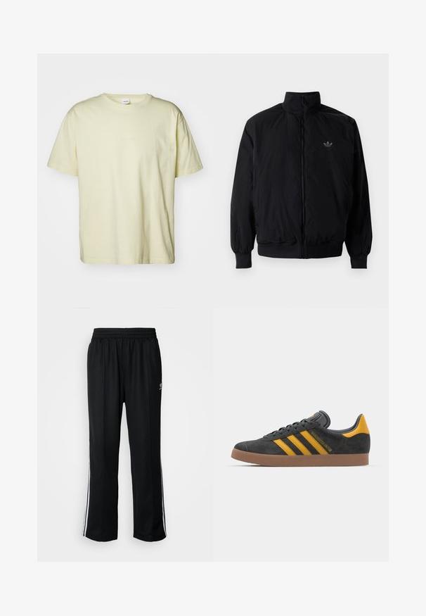 Black zipped jacket with high collar, made of lightweight material. Features elastic cuffs and waistband, with a small logo on the upper left.; Nanushka REECE - Basic T-shirt - moonbeam; Black athletic pants with an elastic waistband, featuring white side stripes and a small logo. Material appears soft and lightweight.; Black suede sneaker with yellow accents, featuring three stripes and a brown rubber sole. Includes a padded tongue for comfort.