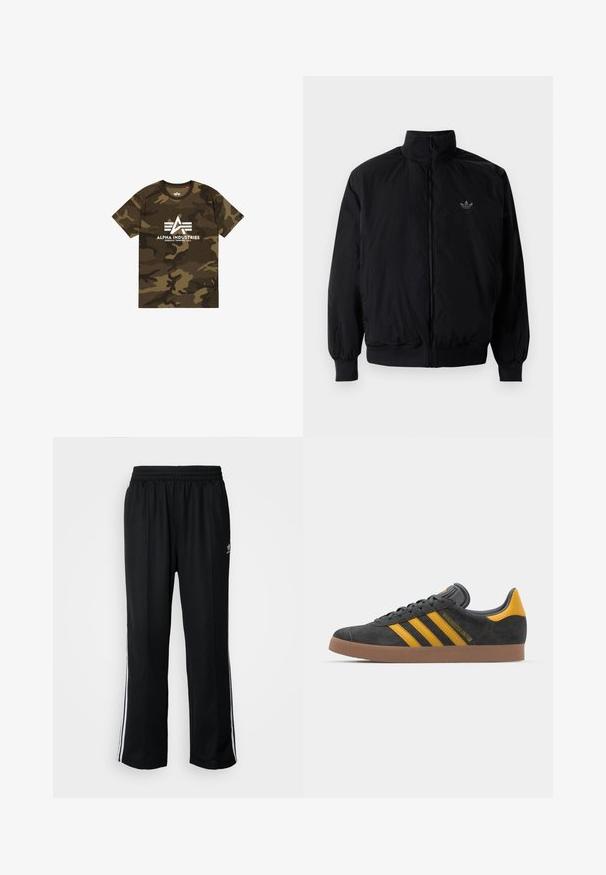 Černá zipová bunda s vysokým límcem, vyrobená z lehkého materiálu. Má elastické manžety a pas, s malým logem na horní levé straně.; Tričko s maskáčovým vzorem v odstínech zelené a hnědé, se bílým logem "ALPHA INDUSTRIES". Vyrobeno z jemné tkaniny, s krátkým rukávem.; Černé sportovní kalhoty s elastickým pasem, s bílými bočními pruhy a malým logem. Materiál vypadá měkce a lehce.; Černé semišové tenisky se žlutými akcenty, vybavené třemi pruhy a hnědou gumovou podrážkou. Obsahují polstrovaný jazyk pro pohodlí.