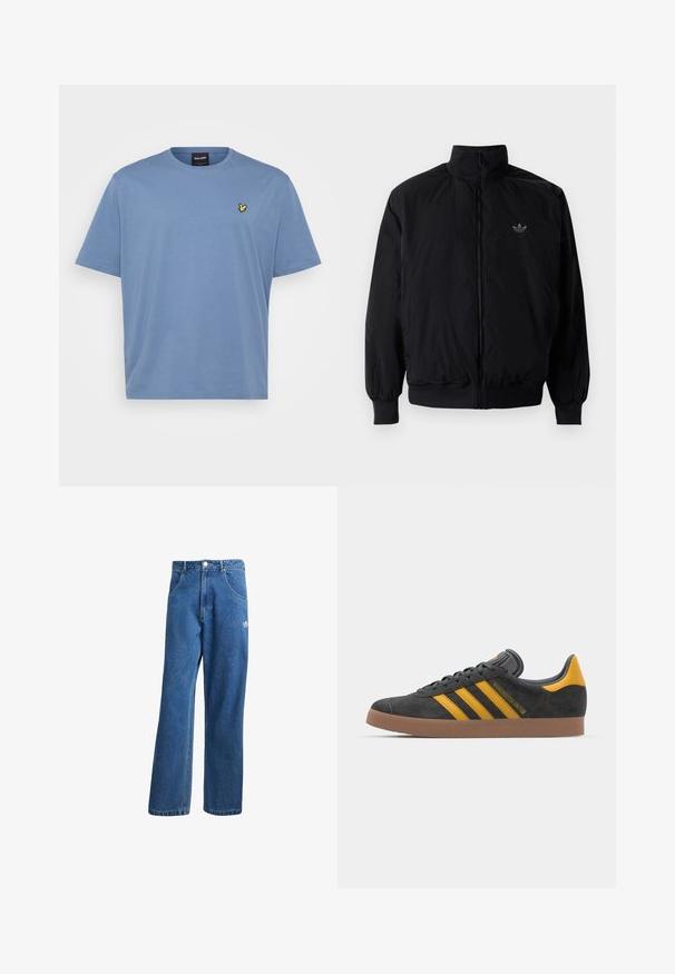 Black zipped jacket with high collar, made of lightweight material. Features elastic cuffs and waistband, with a small logo on the upper left.; Light blue cotton t-shirt with a classic crew neck. Features a small embroidered yellow logo on the left chest. Short sleeves, relaxed fit.; Blue high-waist wide-leg denim jeans with front pockets, belt loops, button closure, and small Adidas logo on the right thigh.; Black suede sneaker with yellow accents, featuring three stripes and a brown rubber sole. Includes a padded tongue for comfort.