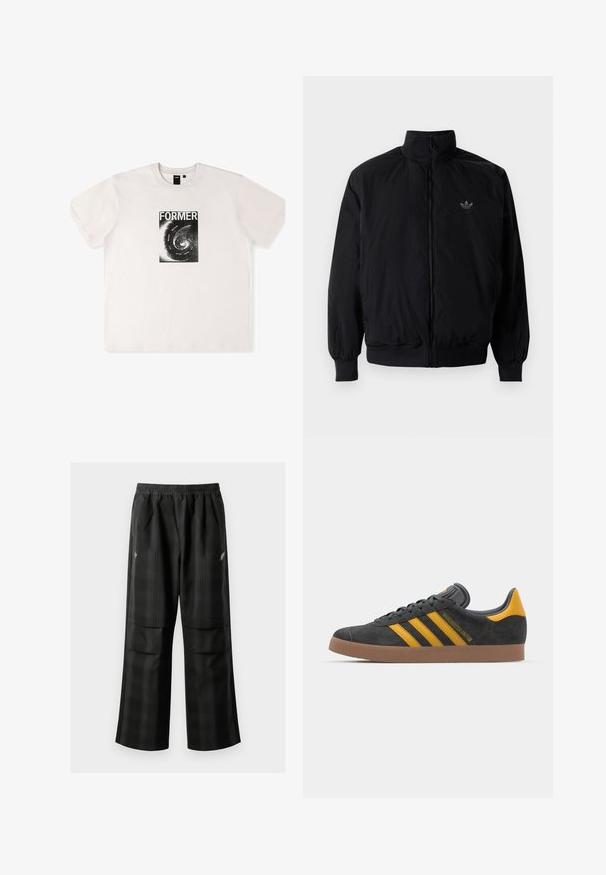 Black zipped jacket with high collar, made of lightweight material. Features elastic cuffs and waistband, with a small logo on the upper left.; Short-sleeve white cotton t-shirt featuring a black graphic print with the word "FORMER" and a spiral design on the front.; Black plaid pants featuring an elastic waistband, two front pockets, and a loose fit with a straight leg design. Made from lightweight material.; Black suede sneaker with yellow accents, featuring three stripes and a brown rubber sole. Includes a padded tongue for comfort.