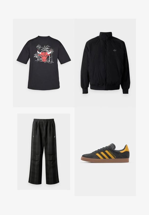 Chaqueta negra con cremallera y cuello alto, hecha de material ligero. Cuenta con puños y cinturilla elásticos, y un pequeño logo en la parte superior izquierda.; Camiseta negra de manga corta con un gráfico de la cabeza de un toro rojo, rodeada de ilustraciones de palmeras blancas. Tejido de algodón, corte relajado.; Pantalones de cuadros negros con cintura elástica, dos bolsillos frontales y un ajuste holgado con diseño de pierna recta. Fabricados en material ligero.; Zapatillas de ante negro con acentos amarillos, que presentan tres franjas y una suela de goma marrón. Incluyen una lengüeta acolchada para mayor comodidad.