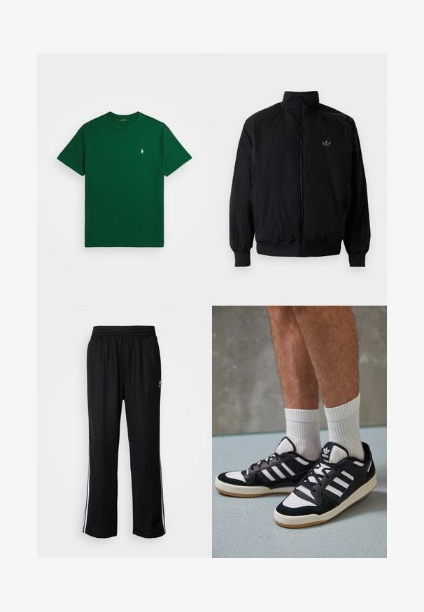 Black zipped jacket with high collar, made of lightweight material. Features elastic cuffs and waistband, with a small logo on the upper left.; Green cotton short-sleeve t-shirt with a crew neck and a small white logo on the left chest. Smooth texture with a standard fit.; Black athletic pants with an elastic waistband, featuring white side stripes and a small logo. Material appears soft and lightweight.; Black and white sneakers with a suede and leather upper, featuring three white stripes, a perforated toe, and a gum rubber sole.