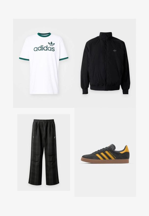 Crna jakna na zip s visokim ovratnikom, izrađena od laganog materijala. Ima elastične manžete i pojas, s malim logotipom na gornjem lijevom dijelu.; Bijela majica s zelenim ringer ovratnikom i rukavima. Ima podebljani crni "adidas" logo i grafiku s tri trake u obliku lista. Materijal je pamuk.; Crne karirane hlače s elastičnom urezom, dva prednja džepa i ležernim krojem s ravnim nogavicama. Izrađene su od laganog materijala.; Crne nubuk tenisice s žutim detaljima, sa tri pruge i smešnim gumenim potplatom. Imaju jastučić na jeziku za udobnost.