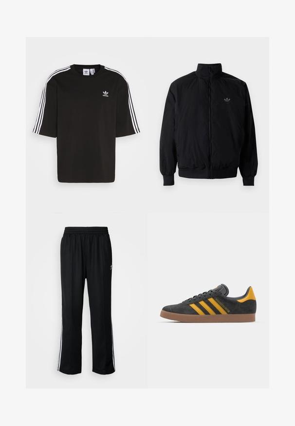 Svart zipjacka med hög krage, tillverkad av lätt material. Har elastiska cuffar och midja, med en liten logo på övre vänster.; Svart kortärmad T-shirt i bomull, med vita tre-randiga detaljer på axlarna och en broderad Adidas-logotyp på bröstet.; Svarta träningsbyxor med elastisk midja, med vita sidostreck och en liten logotyp. Materialet verkar mjukt och lätt.; Svart mockaskor med gula accenter, med tre ränder och en brun gummisula. Inkluderar en vadderad tunga för extra komfort.