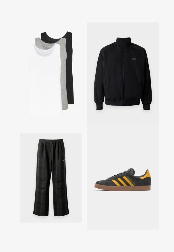 Sort lynlåsjakke med høj krave, fremstillet af letvægtsmateriale. Har elastiske manchetter og talje, med et lille logo på øverste venstre side.; Tre tank tops i hvid, grå og sort. Hver af dem har et klassisk ærmeløst design, lavet af let bomuldsstof med ribbet tekstur.; Sorte ternede bukser med elastisk talje, to forlommer og en løs pasform med lige ben. Fremstillet af letvægtsmateriale.; Sort suedet sneaker med gule accenter, der har tre striber og en brun gummisål. Inkluderer en polstret tunge for komfort.