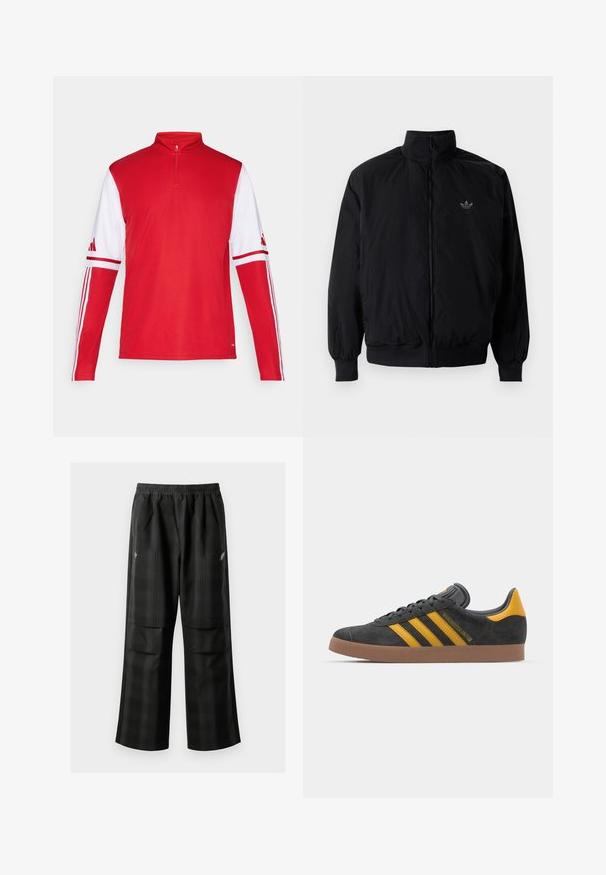Zwarte geluiting jack met hoge kraag, gemaakt van lichtgewicht materiaal. Voorzien van elastische manchetten en tailleband, met een klein logo op de linkerbovenkant.; Rode sportieve langesleeve shirt met een kwart-rits kraag, witte mouwen, drie witte strepen langs de schouders en het Adidas-logo op de mouwen.; Zwarte geruite broek met een elastische tailleband, twee voorzakken en een losse pasvorm met een rechte pijpdesign. Gemaakt van lichtgewicht materiaal.; Zwarte suède sneakers met gele accenten, voorzien van drie strepen en een bruine rubberen zool. Inclusief een gevoerde tong voor comfort.