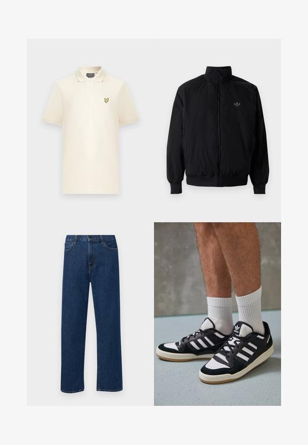 Chaqueta negra con cremallera y cuello alto, hecha de material ligero. Cuenta con puños y cinturilla elásticos, y un pequeño logo en la parte superior izquierda.; Camiseta polo color crema hecha de tela suave, con una tapeta de dos botones y un logo bordado amarillo en el pecho izquierdo.; Jeans de denim de pierna recta en azul oscuro con bolsillos delanteros y cierre de botón, exhibidos sobre un fondo blanco liso.; Zapatillas en blanco y negro con parte superior de ante y cuero, que presentan tres franjas blancas, una puntera perforada y una suela de goma.