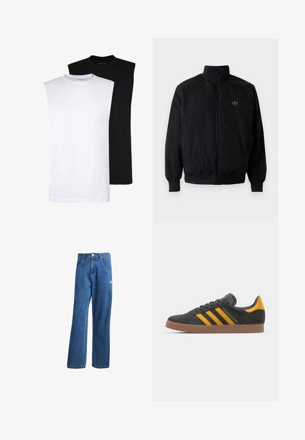 Sort lynlåsjakke med høj krave, fremstillet af letvægtsmateriale. Har elastiske manchetter og talje, med et lille logo på øverste venstre side.; Hvide og sorte, ærmeløse bomulds T-shirts med rund halsudskæring, glat tekstur og minimalistisk design. Egnet til forskellige afslappede anledninger.; Blå højtaljede viddebukser i denim med forlommer, bælteløkker, knaplukning og lille Adidas-logo på højre lår.; Sort suedet sneaker med gule accenter, der har tre striber og en brun gummisål. Inkluderer en polstret tunge for komfort.