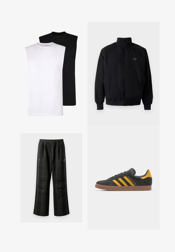 Zwarte geluiting jack met hoge kraag, gemaakt van lichtgewicht materiaal. Voorzien van elastische manchetten en tailleband, met een klein logo op de linkerbovenkant.; Witte en zwarte mouwloze katoenen T-shirts met ronde hals, een gladde textuur en een minimalistisch ontwerp. Geschikt voor verschillende casual settings.; Zwarte geruite broek met een elastische tailleband, twee voorzakken en een losse pasvorm met een rechte pijpdesign. Gemaakt van lichtgewicht materiaal.; Zwarte suède sneakers met gele accenten, voorzien van drie strepen en een bruine rubberen zool. Inclusief een gevoerde tong voor comfort.
