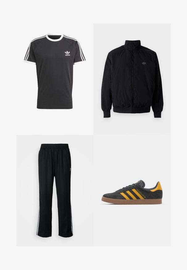 Čierna zips kombinéza s vysokým golierom, vyrobená z ľahkého materiálu. Obsahuje elastické manžety a pás, s malým logom na hornej ľavej strane.; Čierne tričko s bielym golierom a lemovaním rukávov, na ktorom sú tri biele vodorovné pruhy na každom pleci a malé biele logo Adidas.; Čierne športové nohavice s elastickým pásom, s bielymi bočnými prúžkami a malým logom. Materiál vyzerá byť mäkký a ľahký.; Čierne semišové tenisky so žltými akcentmi, ktoré majú tri pruhy a hnedú gumovú podrážku. Obsahujú vypolstrovaný jazyk pre pohodlie.