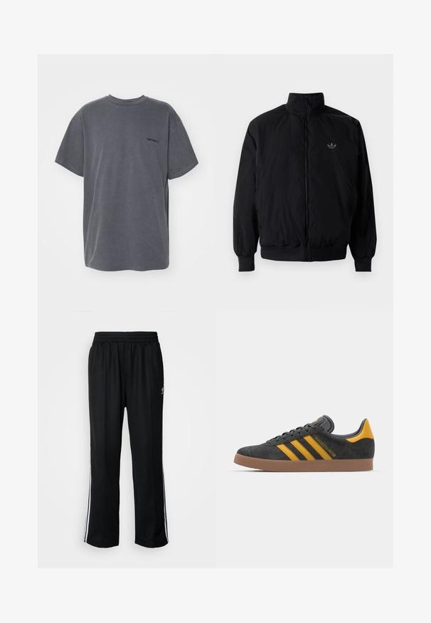 Black zipped jacket with high collar, made of lightweight material. Features elastic cuffs and waistband, with a small logo on the upper left.; Carhartt WIP DUSTER SCRIPT - Basic T-shirt - black; Black athletic pants with an elastic waistband, featuring white side stripes and a small logo. Material appears soft and lightweight.; Black suede sneaker with yellow accents, featuring three stripes and a brown rubber sole. Includes a padded tongue for comfort.