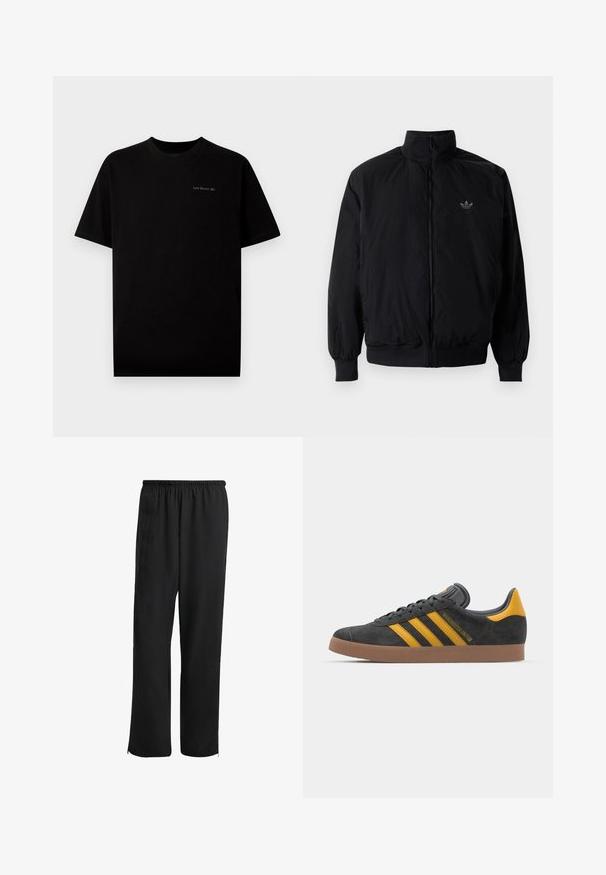 Black zipped jacket with high collar, made of lightweight material. Features elastic cuffs and waistband, with a small logo on the upper left.; Black cotton t-shirt with short sleeves and a round neckline. Features a small logo "Last Resort AB" embroidered in a light color on the chest.; Black athletic pants with an elastic waistband, straight-leg design, side pockets, and zippered cuffs, made from a smooth, lightweight fabric.; Black suede sneaker with yellow accents, featuring three stripes and a brown rubber sole. Includes a padded tongue for comfort.