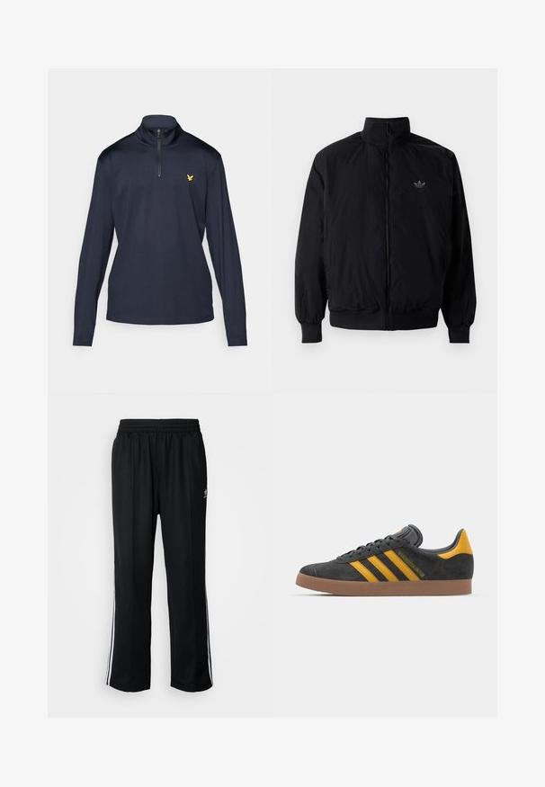 Black zipped jacket with high collar, made of lightweight material. Features elastic cuffs and waistband, with a small logo on the upper left.; Navy long-sleeve quarter-zip shirt with a high collar. Features a yellow logo on the left chest and smooth, lightweight fabric.; Black athletic pants with an elastic waistband, featuring white side stripes and a small logo. Material appears soft and lightweight.; Black suede sneaker with yellow accents, featuring three stripes and a brown rubber sole. Includes a padded tongue for comfort.