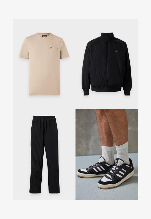 Zwarte geluiting jack met hoge kraag, gemaakt van lichtgewicht materiaal. Voorzien van elastische manchetten en tailleband, met een klein logo op de linkerbovenkant.; Beige T-shirt met korte mouwen van katoen, met een zakje aan de linkerkant met een geel vlinderlogo. Eenvoudig ontwerp met een ronde hals.; Zwarte nylont broek met een elastische tailleband, voorzien van een lichte, gestructureerde afwerking en naadaccenten voor een modern ontwerp.; Zwart-witte sneakers met een bovenwerk van suede en leer, voorzien van drie witte strepen, een geperforeerde neus en een rubberen gumzool.