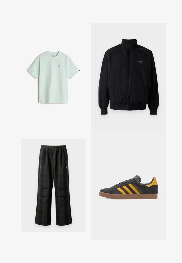 Black zipped jacket with high collar, made of lightweight material. Features elastic cuffs and waistband, with a small logo on the upper left.; Light mint green cotton t-shirt with a crew neck, short sleeves, and a small black Vans logo on the left chest area.; Black plaid pants featuring an elastic waistband, two front pockets, and a loose fit with a straight leg design. Made from lightweight material.; Black suede sneaker with yellow accents, featuring three stripes and a brown rubber sole. Includes a padded tongue for comfort.
