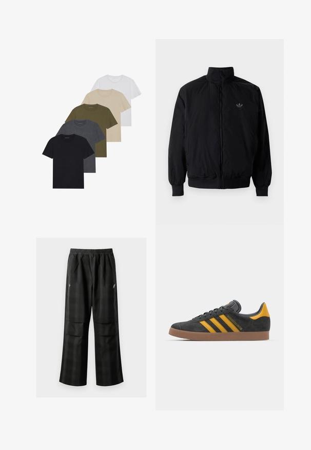 Sort lynlåsjakke med høj krave, fremstillet af letvægtsmateriale. Har elastiske manchetter og talje, med et lille logo på øverste venstre side.; Fem crew-neck t-shirts arrangeret i en gradient: sort, mørk grå, oliven grøn, beige og hvid. Lavet af blødt, åndbart stof.; Sorte ternede bukser med elastisk talje, to forlommer og en løs pasform med lige ben. Fremstillet af letvægtsmateriale.; Sort suedet sneaker med gule accenter, der har tre striber og en brun gummisål. Inkluderer en polstret tunge for komfort.