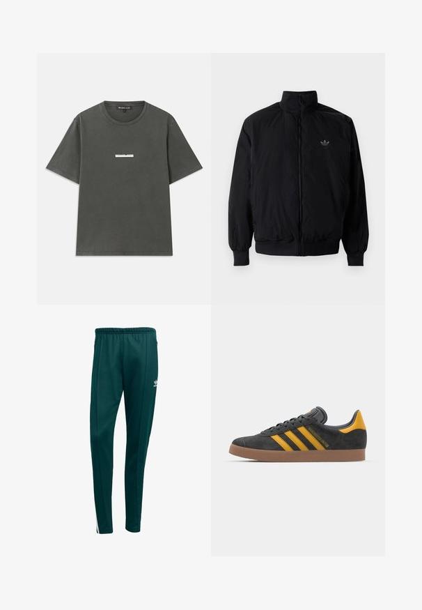 Black zipped jacket with high collar, made of lightweight material. Features elastic cuffs and waistband, with a small logo on the upper left.; Gray cotton t-shirt with short sleeves, round neckline, and a white logo printed on the chest. Smooth texture with a casual design.; Dark green athletic pants with a tapered fit, elastic waistband, side zip pockets, and white side stripes. Made of soft, breathable material.; Black suede sneaker with yellow accents, featuring three stripes and a brown rubber sole. Includes a padded tongue for comfort.