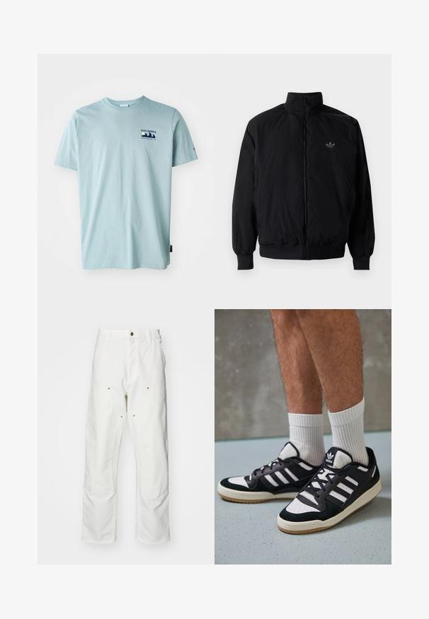 Čierna zips kombinéza s vysokým golierom, vyrobená z ľahkého materiálu. Obsahuje elastické manžety a pás, s malým logom na hornej ľavej strane.; Columbia EXPLORERS CANYON BACK TEE - Tričko s potlačou - crushed blue; Biele bavlnené cargo nohavice s voľným strihom. Medzi vlastnosti patrí predné vrecká, zlaté detaily a zosilnené kolenné časti.; Čierno-biele tenisky s vrchom z semišu a kože, s troma bielymi pruhmi, perforovanou špičkou a gumovou podrážkou.