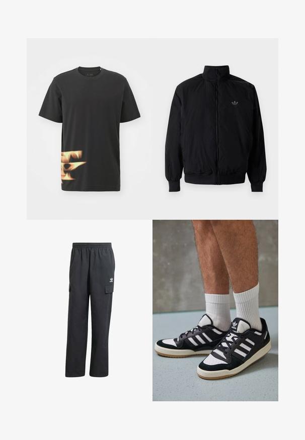 Crna jakna na zip s visokim ovratnikom, izrađena od laganog materijala. Ima elastične manžete i pojas, s malim logotipom na gornjem lijevom dijelu.; adidas Performance TRAE TEE - Majica kratkih rukava s printom - black; Crne cargo hlače s elastičnim pojasom, dva bočna džepa i suptilan logo na lijevom bedru. Izrađene su od lagane tkanine.; Crne i bijele tenisice s gornjim dijelom od antilopa i kože, s tri bijele pruge, perforiranim prstom i gumiranim potplatom.