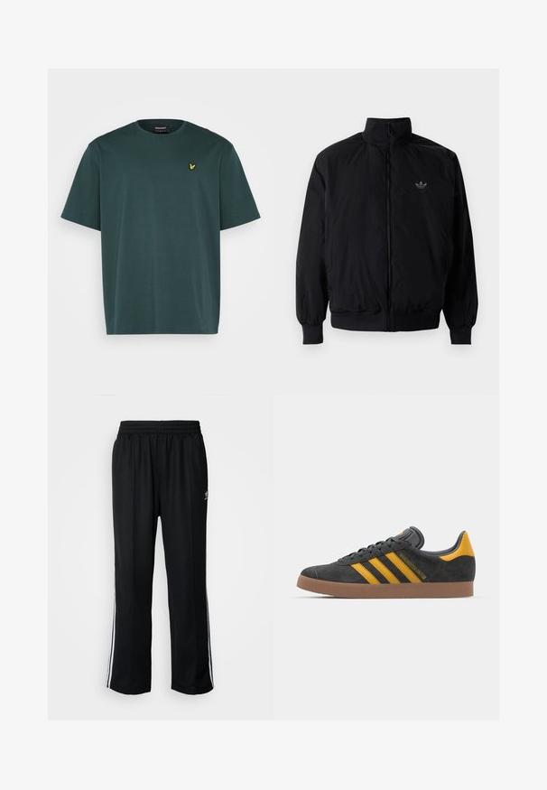 Svart zipjacka med hög krage, tillverkad av lätt material. Har elastiska cuffar och midja, med en liten logo på övre vänster.; Lyle & Scott PLAIN - T-shirt - bas - teal; Svarta träningsbyxor med elastisk midja, med vita sidostreck och en liten logotyp. Materialet verkar mjukt och lätt.; Svart mockaskor med gula accenter, med tre ränder och en brun gummisula. Inkluderar en vadderad tunga för extra komfort.