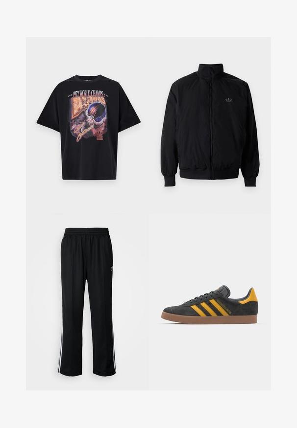 Musta vetoketjullinen takki, jossa on korkea kaulus, valmistettu kevyestä materiaalista. Varustettu joustavilla hihoilla ja vyötäröllä, ja ylävasemmalla on pieni logo.; Musta puuvillainen t-paita, jossa on graafinen printti, jossa lukee "1972 MAAILMAN MESTARIT", kypäräkuvio ja "Sukupolvien Taistelu" eloisilla väreillä.; Mustat urheiluhousut, joissa on joustava vyötärö, valkoiset sivuraidat ja pieni logo. Materiaali näyttää pehmeältä ja kevyeltä.; Mustat samettiset tennarit, joissa on keltaisia yksityiskohtia, kolmonen raita ja ruskea kumipohja. Sisältää pehmustetun kielisen mukavuutta varten.