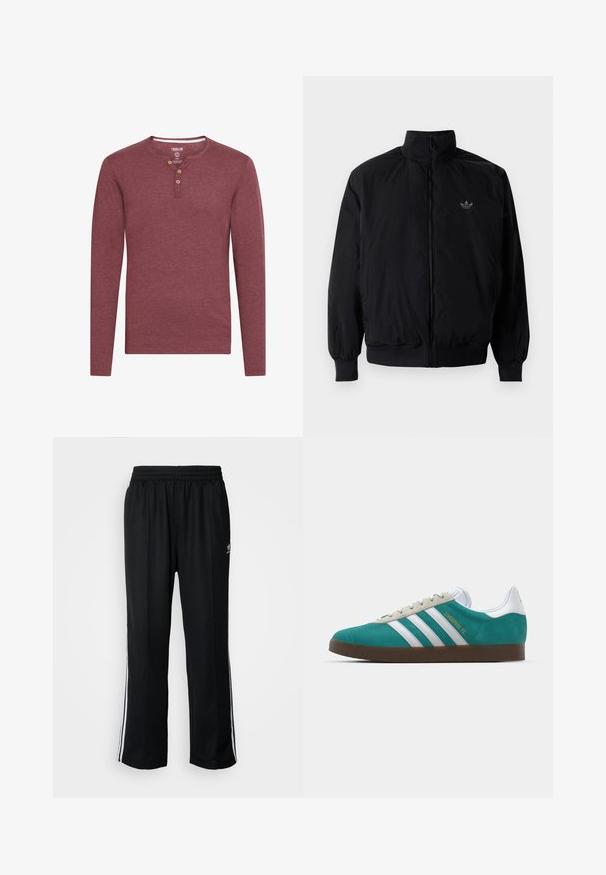 Čierna zips kombinéza s vysokým golierom, vyrobená z ľahkého materiálu. Obsahuje elastické manžety a pás, s malým logom na hornej ľavej strane.; Dlhý rukáv, burgundská henley košeľa z mäkkého materiálu, s okrúhlym výstrihom a tromi drevenými gombíkmi pri zapínaní.; Čierne športové nohavice s elastickým pásom, s bielymi bočnými prúžkami a malým logom. Materiál vyzerá byť mäkký a ľahký.; adidas Originals ADIDAS GAZELLE SHOES - Halové kopačky - liverpool fc/sea green/footwear white