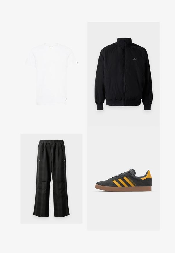 Black zipped jacket with high collar, made of lightweight material. Features elastic cuffs and waistband, with a small logo on the upper left.; White cotton t-shirt with a crew neck, short sleeves, and a straight cut. Features a small black logo on the left sleeve.; Black plaid pants featuring an elastic waistband, two front pockets, and a loose fit with a straight leg design. Made from lightweight material.; Black suede sneaker with yellow accents, featuring three stripes and a brown rubber sole. Includes a padded tongue for comfort.