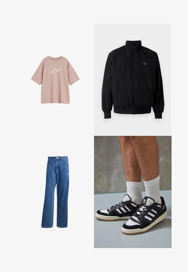 Musta vetoketjullinen takki, jossa on korkea kaulus, valmistettu kevyestä materiaalista. Varustettu joustavilla hihoilla ja vyötäröllä, ja ylävasemmalla on pieni logo.; Vaaleanpunainen ylisuuri t-paita, joka on valmistettu pehmeästä puuvillasta ja jossa on hillitty graafinen kuvio etupuolella. Lyhyet hihat ja pyöreä kaulus.; Siniset korkeavyötäröiset leveälahkeiset farkut, joissa on etupussit, vyölenkit, napitus ja pieni Adidas-logo oikeassa reidessä.; Valkoiset ja mustat tennarit, joissa on mokkanahka- ja nahkapäällinen, kolme valkoista raitaa, rei'itetty kärki ja kumipohja.