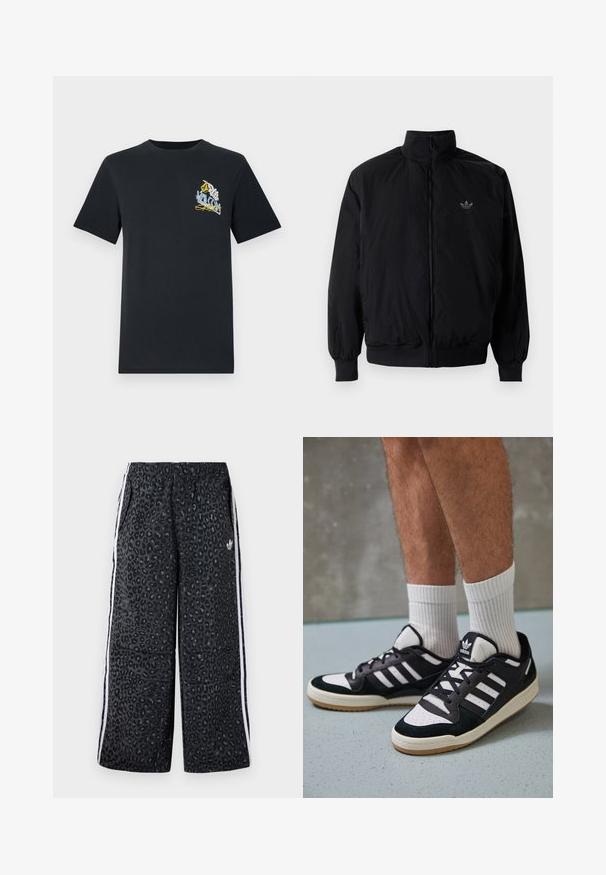 Crna jakna na zip s visokim ovratnikom, izrađena od laganog materijala. Ima elastične manžete i pojas, s malim logotipom na gornjem lijevom dijelu.; Crna pamučna majica s kratkim rukavima, koja s lijeve strane na prsima sadrži šareni grafički print, uključujući tekst i dizajnerske elemente.; adidas Originals GRAPHIC UNISEX - Donji dijelovi trenirke - black; Crne i bijele tenisice s gornjim dijelom od antilopa i kože, s tri bijele pruge, perforiranim prstom i gumiranim potplatom.