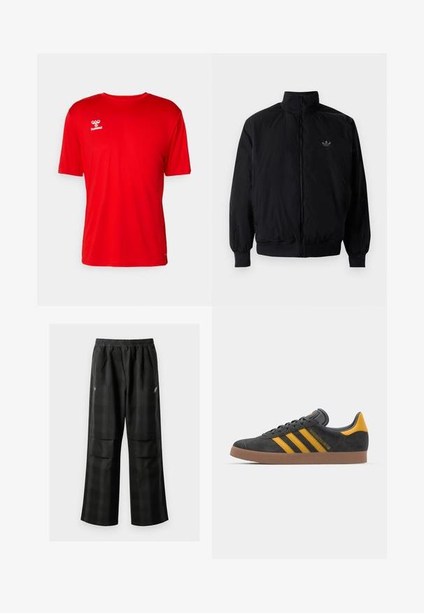 Svart zipjacka med hög krage, tillverkad av lätt material. Har elastiska cuffar och midja, med en liten logo på övre vänster.; Röd sportt-shirt med kort ärm i slätt tyg, med en liten vit logotyp på bröstet och rund halsringning.; Svarta rutiga byxor med elastisk midja, två framfickor och en lös passform med rak bendesign. Tillverkade av lätt material.; Svart mockaskor med gula accenter, med tre ränder och en brun gummisula. Inkluderar en vadderad tunga för extra komfort.