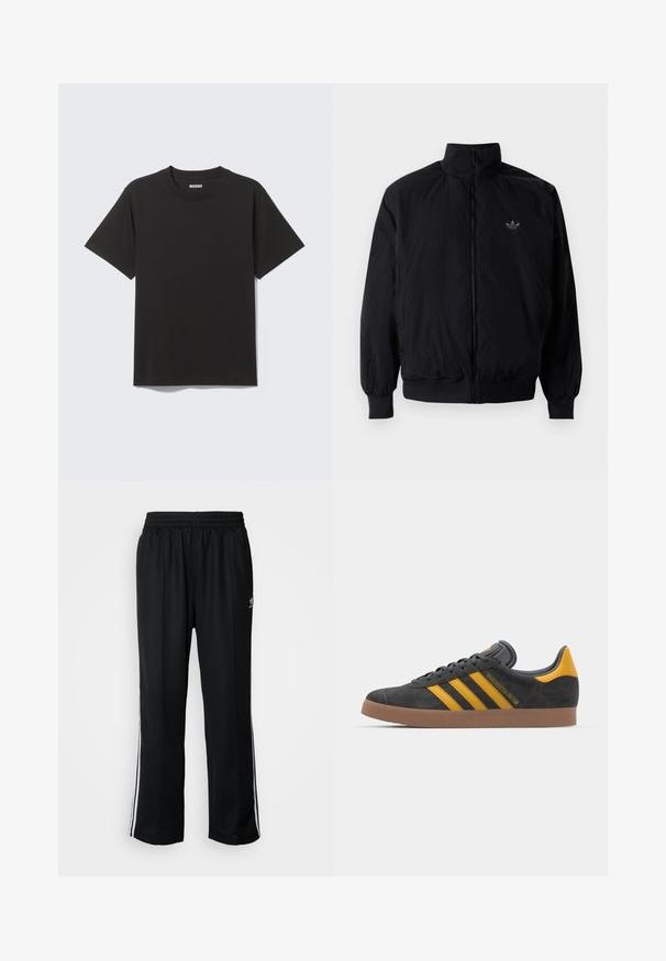 Černá zipová bunda s vysokým límcem, vyrobená z lehkého materiálu. Má elastické manžety a pas, s malým logem na horní levé straně.; Černé tričko s krátkým rukávem z měkké bavlny, s kulatým výstřihem a jednoduchým designem bez vzorů či akcentů.; Černé sportovní kalhoty s elastickým pasem, s bílými bočními pruhy a malým logem. Materiál vypadá měkce a lehce.; Černé semišové tenisky se žlutými akcenty, vybavené třemi pruhy a hnědou gumovou podrážkou. Obsahují polstrovaný jazyk pro pohodlí.