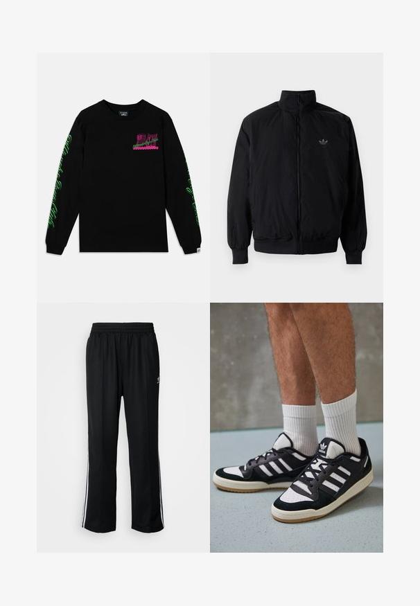 Černá zipová bunda s vysokým límcem, vyrobená z lehkého materiálu. Má elastické manžety a pas, s malým logem na horní levé straně.; Černé tričko s dlouhým rukávem vyrobené z bavlny, se růžovými a zelenými grafikami na hrudi a rukávech. Jednoduchý design s kulatým výstřihem a žebrovanými manžetami.; Černé sportovní kalhoty s elastickým pasem, s bílými bočními pruhy a malým logem. Materiál vypadá měkce a lehce.; Černobílé tenisky s vrchní částí z semišové a kožené kůže, včetně tří bílých pruhů, perforovaného špičky a podrážky z gumy.