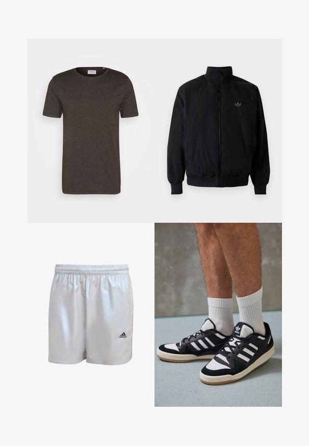 Black zipped jacket with high collar, made of lightweight material. Features elastic cuffs and waistband, with a small logo on the upper left.; Dark green short-sleeved t-shirt, round neckline, smooth texture, no patterns or accents, simple design, suitable for casual wear.; adidas Originals SUPERNOVA - Shorts - halo silver; Black and white sneakers with a suede and leather upper, featuring three white stripes, a perforated toe, and a gum rubber sole.