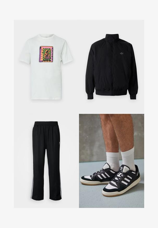 Schwarze Jacke mit Reißverschluss und hohem Kragen, aus leichtem Material gefertigt. Verfügt über elastische Bündchen und einen elastischen Saum, mit einem kleinen Logo oben links.; Weißes Baumwoll-T-Shirt mit einem quadratischen, bunten Grafikdesign mit einem Frosch und Text, vor einem geometrischen Hintergrund und akzentuierten Rändern.; Schwarze Sporthosen mit elastischem Bund, ausgestattet mit weißen Seitenstreifen und einem kleinen Logo. Das Material wirkt weich und leicht.; Schwarz-weiße Sneaker mit einem Obermaterial aus Wildleder und Leder, ausgestattet mit drei weißen Streifen, einer perforierten Zehenpartie und einer Sohle aus Gummi.