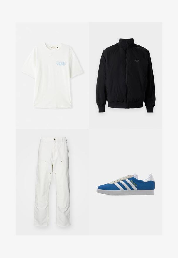 Black zipped jacket with high collar, made of lightweight material. Features elastic cuffs and waistband, with a small logo on the upper left.; White cotton t-shirt with a loose fit, featuring a round neckline. Displays light blue text design on the upper left side. Textured fabric.; White cotton cargo pants with a relaxed fit. Features include front pockets, gold hardware accents, and reinforced knee sections.; adidas Originals ADIDAS GAZELLE SHOES - Indoor football boots - real madrid/bluebird/footwear white/crew yellow