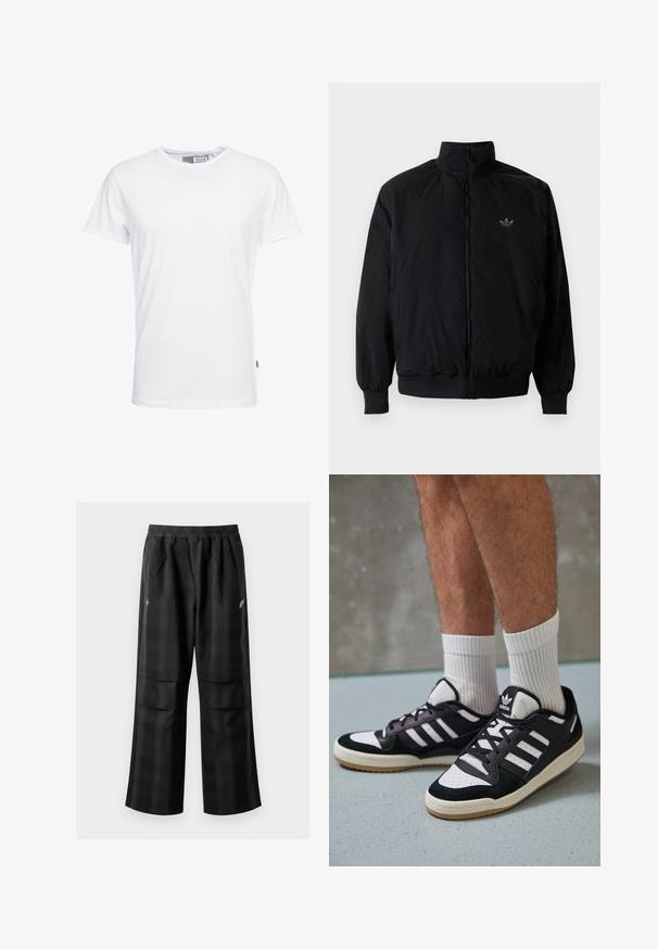 Black zipped jacket with high collar, made of lightweight material. Features elastic cuffs and waistband, with a small logo on the upper left.; Solid SDGAYLIN - Basic T-shirt - white; Black plaid pants featuring an elastic waistband, two front pockets, and a loose fit with a straight leg design. Made from lightweight material.; Black and white sneakers with a suede and leather upper, featuring three white stripes, a perforated toe, and a gum rubber sole.