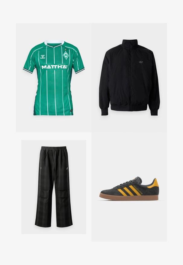 Crna jakna na zip s visokim ovratnikom, izrađena od laganog materijala. Ima elastične manžete i pojas, s malim logotipom na gornjem lijevom dijelu.; Zelena nogometna majica s vertikalnim bijelim prugama, okruglim izrezom i kratkim rukavima. Sadrži brend "MATTH'AI" i grb kluba.; Crne karirane hlače s elastičnom urezom, dva prednja džepa i ležernim krojem s ravnim nogavicama. Izrađene su od laganog materijala.; Crne nubuk tenisice s žutim detaljima, sa tri pruge i smešnim gumenim potplatom. Imaju jastučić na jeziku za udobnost.