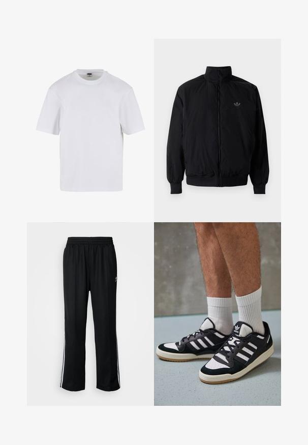 Zwarte geluiting jack met hoge kraag, gemaakt van lichtgewicht materiaal. Voorzien van elastische manchetten en tailleband, met een klein logo op de linkerbovenkant.; Witte kraagloze t-shirt met korte mouwen, gemaakt van katoen. Heeft een ronde halslijn en een losse pasvorm. Soepele textuur, minimalistisch ontwerp, geen patronen of accenten.; Zwarte sportbroeken met een elastische tailleband, voorzien van witte zijkanten en een klein logo. Het materiaal lijkt zacht en lichtgewicht te zijn.; Zwart-witte sneakers met een bovenwerk van suede en leer, voorzien van drie witte strepen, een geperforeerde neus en een rubberen gumzool.