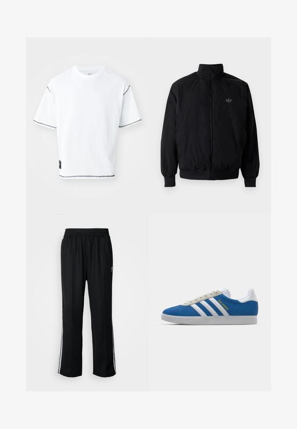 Black zipped jacket with high collar, made of lightweight material. Features elastic cuffs and waistband, with a small logo on the upper left.; White cropped t-shirt made from cotton. Features short sleeves with black stitched accents on the cuffs and a small black label on the bottom hem.; Black athletic pants with an elastic waistband, featuring white side stripes and a small logo. Material appears soft and lightweight.; adidas Originals ADIDAS GAZELLE SHOES - Indoor football boots - real madrid/bluebird/footwear white/crew yellow