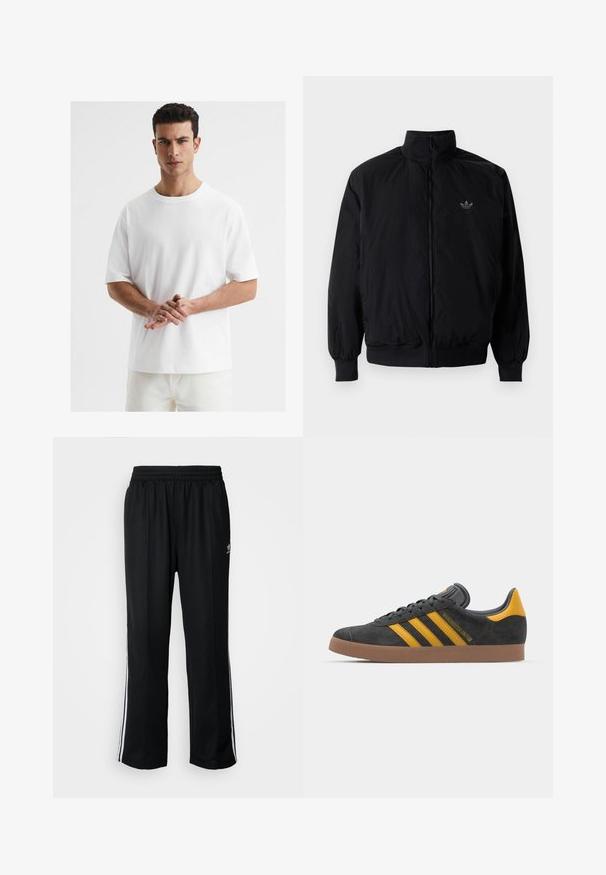 Chaqueta negra con cremallera y cuello alto, hecha de material ligero. Cuenta con puños y cinturilla elásticos, y un pequeño logo en la parte superior izquierda.; Camiseta de algodón blanca con cuello redondo, mangas cortas, corte relajado y textura suave. Sin patrones ni acentos visibles.; Pantalones deportivos negros con cintura elástica, que presentan rayas laterales blancas y un pequeño logotipo. El material parece suave y ligero.; Zapatillas de ante negro con acentos amarillos, que presentan tres franjas y una suela de goma marrón. Incluyen una lengüeta acolchada para mayor comodidad.