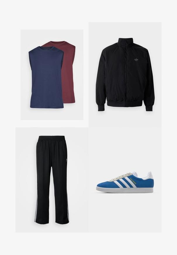 Black zipped jacket with high collar, made of lightweight material. Features elastic cuffs and waistband, with a small logo on the upper left.; Sleeveless t-shirts in navy and maroon, made of soft fabric. Features a crew neckline and straight hemline with a smooth texture.; Black athletic pants with an elastic waistband, featuring white side stripes and a small logo. Material appears soft and lightweight.; adidas Originals ADIDAS GAZELLE SHOES - Indoor football boots - real madrid/bluebird/footwear white/crew yellow