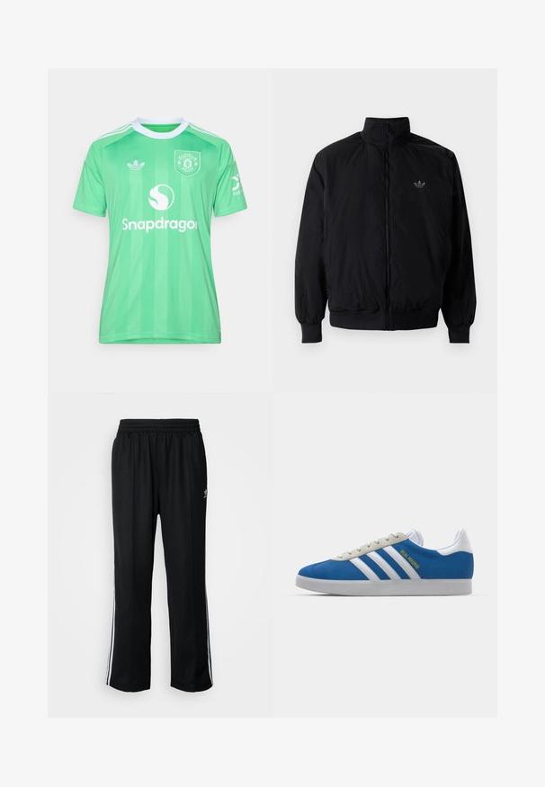 Černá zipová bunda s vysokým límcem, vyrobená z lehkého materiálu. Má elastické manžety a pas, s malým logem na horní levé straně.; adidas Performance MANCHESTER UNITED 25/26 THIRD GOALKEEPER JERSEY - Klubové oblečení - semi screaming green; Černé sportovní kalhoty s elastickým pasem, s bílými bočními pruhy a malým logem. Materiál vypadá měkce a lehce.; adidas Originals ADIDAS GAZELLE SHOES - Sálové kopačky - real madrid/bluebird/footwear white/crew yellow