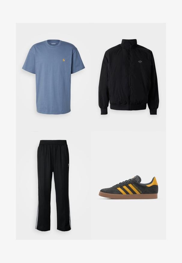Black zipped jacket with high collar, made of lightweight material. Features elastic cuffs and waistband, with a small logo on the upper left.; Carhartt WIP CHASE - Basic T-shirt - positano/gold; Black athletic pants with an elastic waistband, featuring white side stripes and a small logo. Material appears soft and lightweight.; Black suede sneaker with yellow accents, featuring three stripes and a brown rubber sole. Includes a padded tongue for comfort.