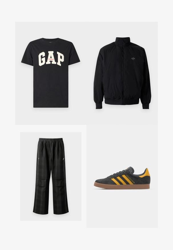 Sort lynlåsjakke med høj krave, fremstillet af letvægtsmateriale. Har elastiske manchetter og talje, med et lille logo på øverste venstre side.; Sort bomulds-T-shirt med store hvide "GAP"-bogstaver og "Original" i rødt nedenunder. Klassisk rund hals og korte ærmer.; Sorte ternede bukser med elastisk talje, to forlommer og en løs pasform med lige ben. Fremstillet af letvægtsmateriale.; Sort suedet sneaker med gule accenter, der har tre striber og en brun gummisål. Inkluderer en polstret tunge for komfort.