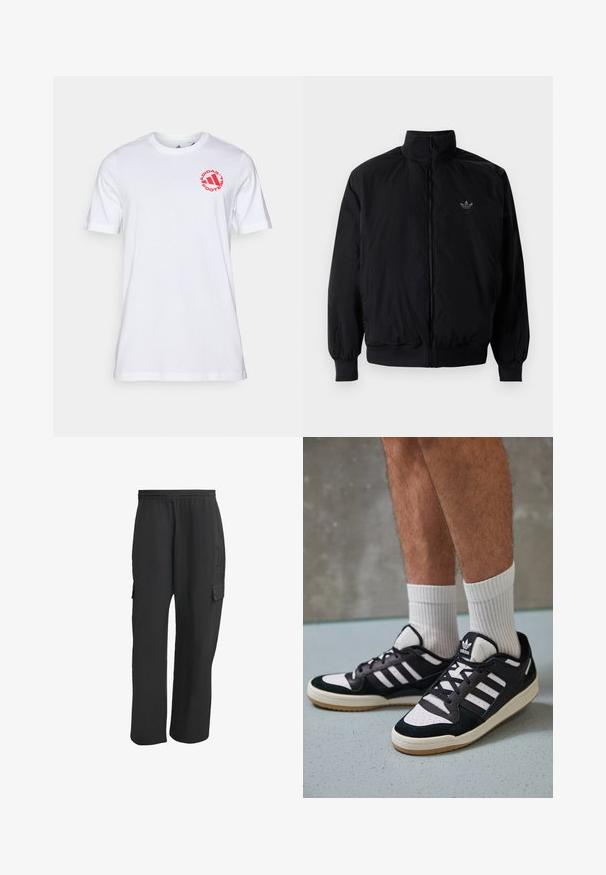 Black zipped jacket with high collar, made of lightweight material. Features elastic cuffs and waistband, with a small logo on the upper left.; White cotton t-shirt featuring a round neckline and short sleeves. Red circular logo with "ADIDAS FOOTBALL" text on the chest.; Black cargo pants with an elastic waistband, featuring side pockets, loose fit, and a textured fabric. Designed for comfort and utility.; Black and white sneakers with a suede and leather upper, featuring three white stripes, a perforated toe, and a gum rubber sole.