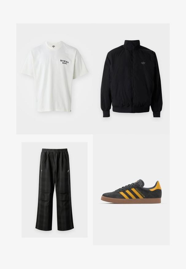 Veste noire à fermeture éclair avec col haut, fabriquée en matériau léger. Dotée de poignets et d'une taille élastiques, avec un petit logo en haut à gauche.; T-shirt blanc à manches courtes en coton avec un col rond. Présente un logo imprimé noir sur la partie gauche de la poitrine et une petite étiquette au bas.; Pantalons à carreaux noirs avec une taille élastique, deux poches avant et une coupe ample avec une conception à jambe droite. Fabriqués en matériau léger.; Baskets en suede noir avec des accents jaunes, présentant trois rayures et une semelle en caoutchouc marron. Comprend une languette rembourrée pour le confort.