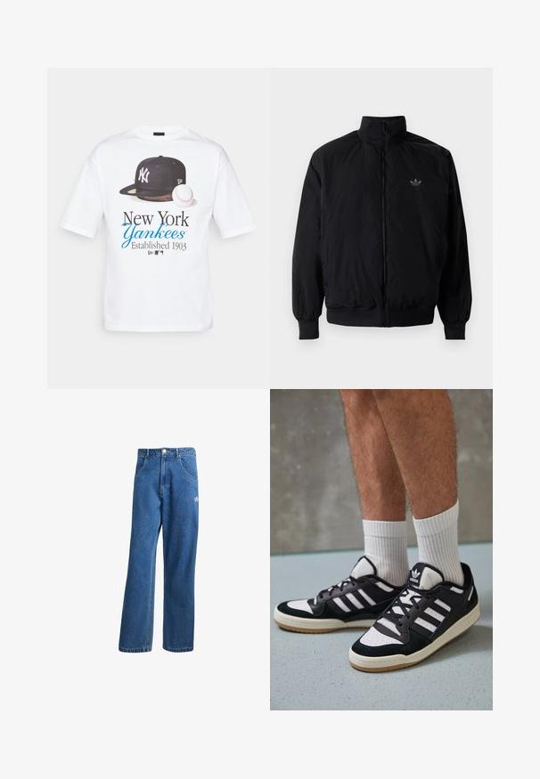 Black zipped jacket with high collar, made of lightweight material. Features elastic cuffs and waistband, with a small logo on the upper left.; White cotton t-shirt featuring a graphic of a black New York Yankees cap and a baseball, with "New York Yankees Established 1903" printed in blue and black.; Blue high-waist wide-leg denim jeans with front pockets, belt loops, button closure, and small Adidas logo on the right thigh.; Black and white sneakers with a suede and leather upper, featuring three white stripes, a perforated toe, and a gum rubber sole.