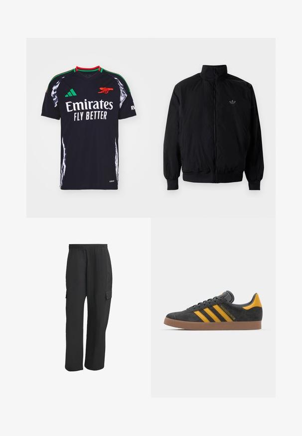 Svart zipjacka med hög krage, tillverkad av lätt material. Har elastiska cuffar och midja, med en liten logo på övre vänster.; Svart fotbollsdräkt med korta ärmar, röda och gröna accenter samt vitt "Emirates Fly Better"-logotyp. Har mönstrade sidopaneler och Adidas-logotyp.; Svarta cargo-byxor med elastisk midja, med sidofickor, lös passform och en texturerad tyg. Designade för komfort och funktionalitet.; Svart mockaskor med gula accenter, med tre ränder och en brun gummisula. Inkluderar en vadderad tunga för extra komfort.